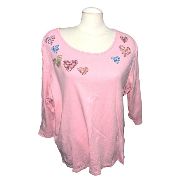 Quacker Factory Pink 2X Womens Rhinestone Heart Embellished Cotton Scoop Neck 3/ - Picture 1 of 9
